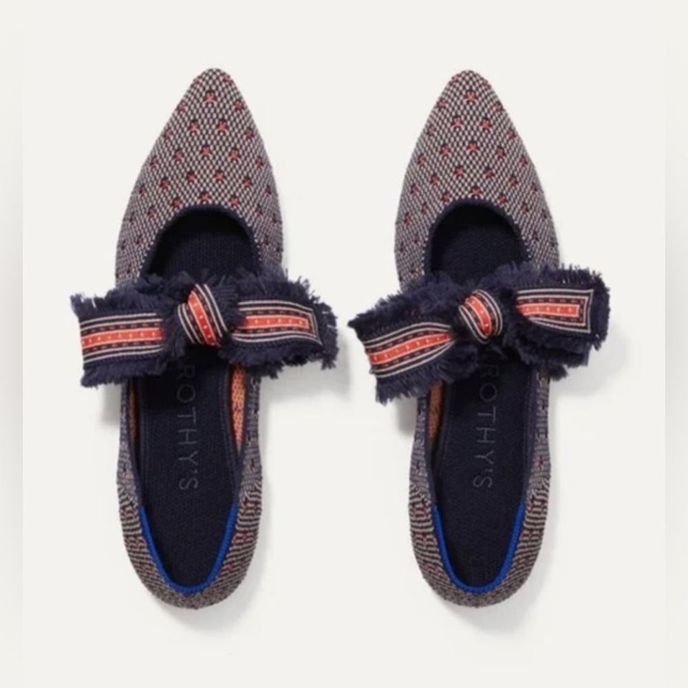 Rothy's Patterned Flats with Navy and Red Bow
